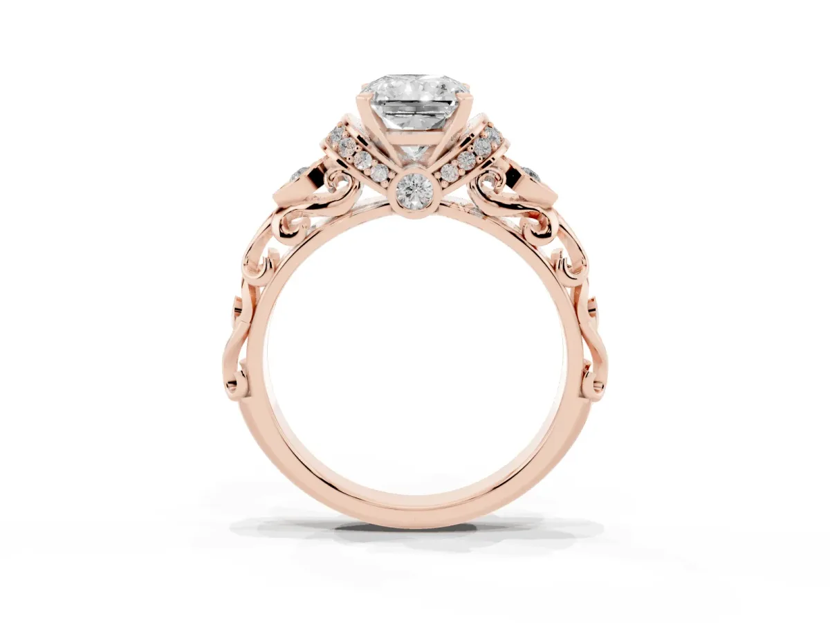 Radiant Cut Diamond Solitaire Ring with Filigree Band and Four-Prong Setting Rose gold