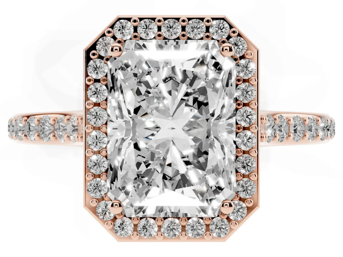 Radiant Cut Diamond Halo Engagement Ring with Round Pavé Shoulders and Prong Setting Rose gold