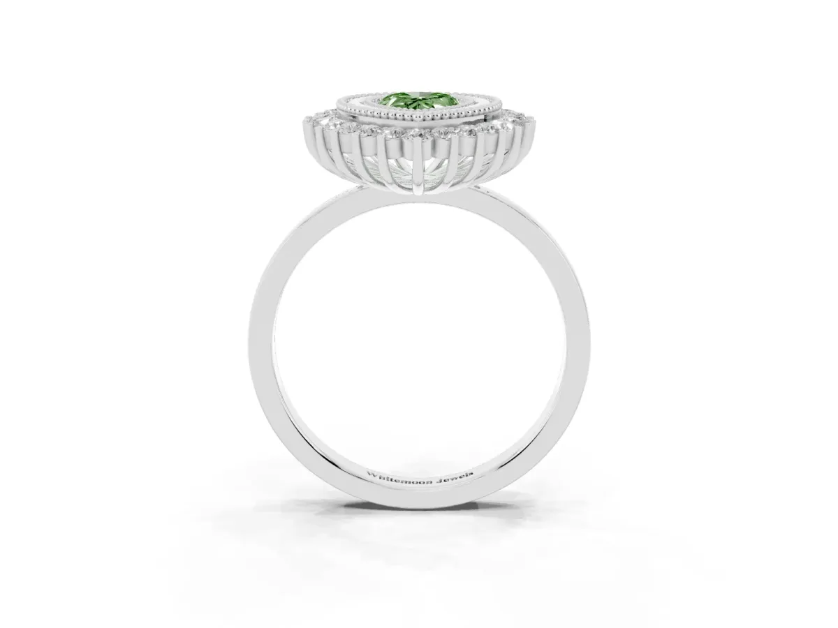 Fancy Green Pear Cut Halo Diamond Ring with Milgrain Edge and Round Prong Setting Silver