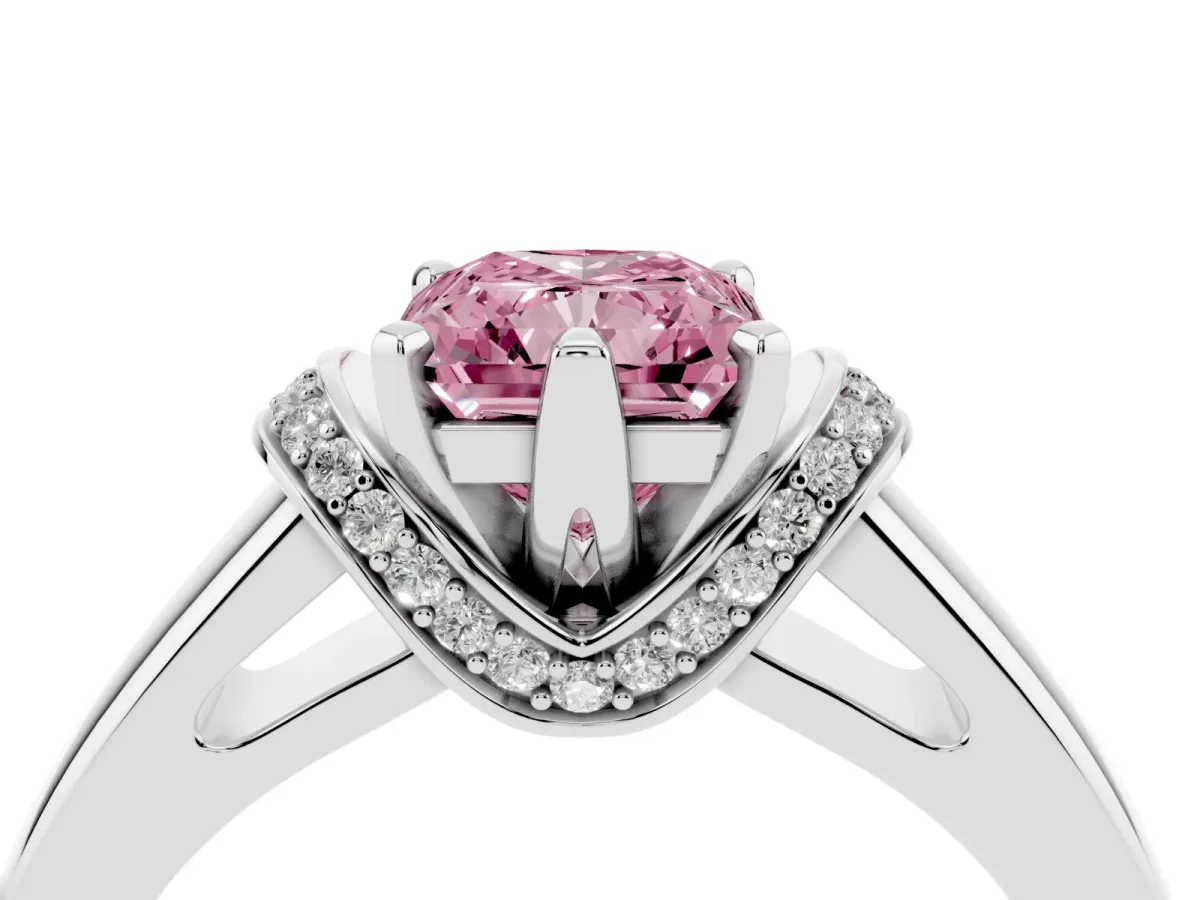 Fancy Pink Radiant Cut Solitaire Diamond Ring with Pave Band and Six-Prong Setting White gold
