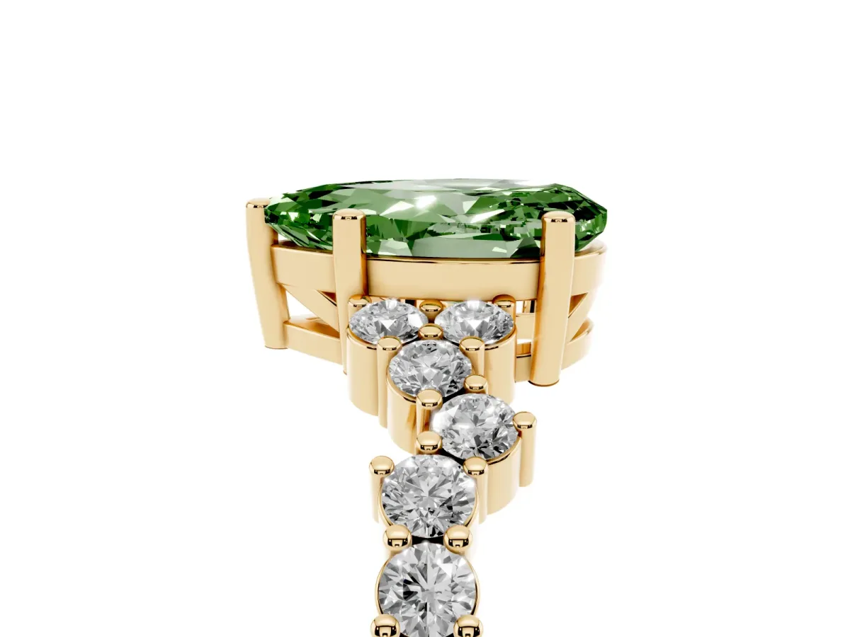 Fancy Green Pear Cut Diamond Scattered Round Accent Ring with Prong Setting Yellow gold