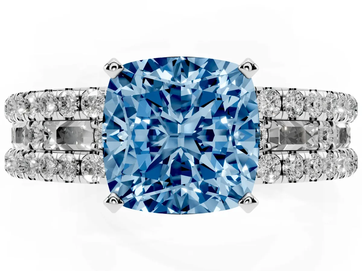 Fancy Blue Cushion Cut Diamond Solitaire Ring with Pavé and Channel Set Band Silver