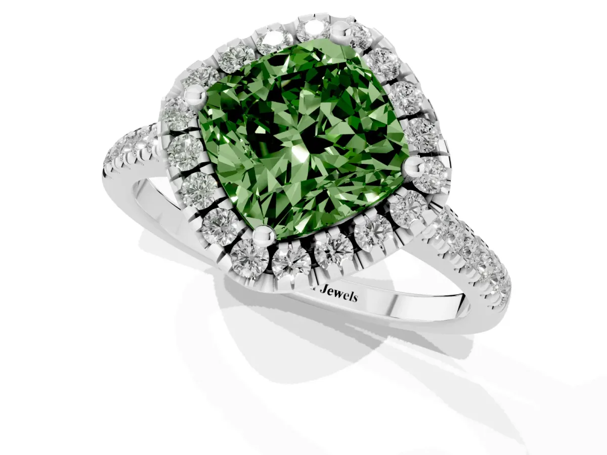 Fancy Green Cushion Cut Diamond Cushion Halo Ring with Pavé Band Silver
