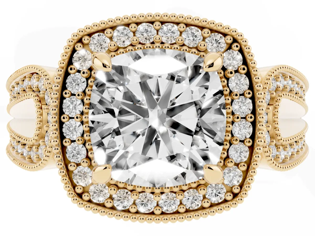 Cushion Cut Halo Split Shank Milgrain Diamond Ring Yellow gold