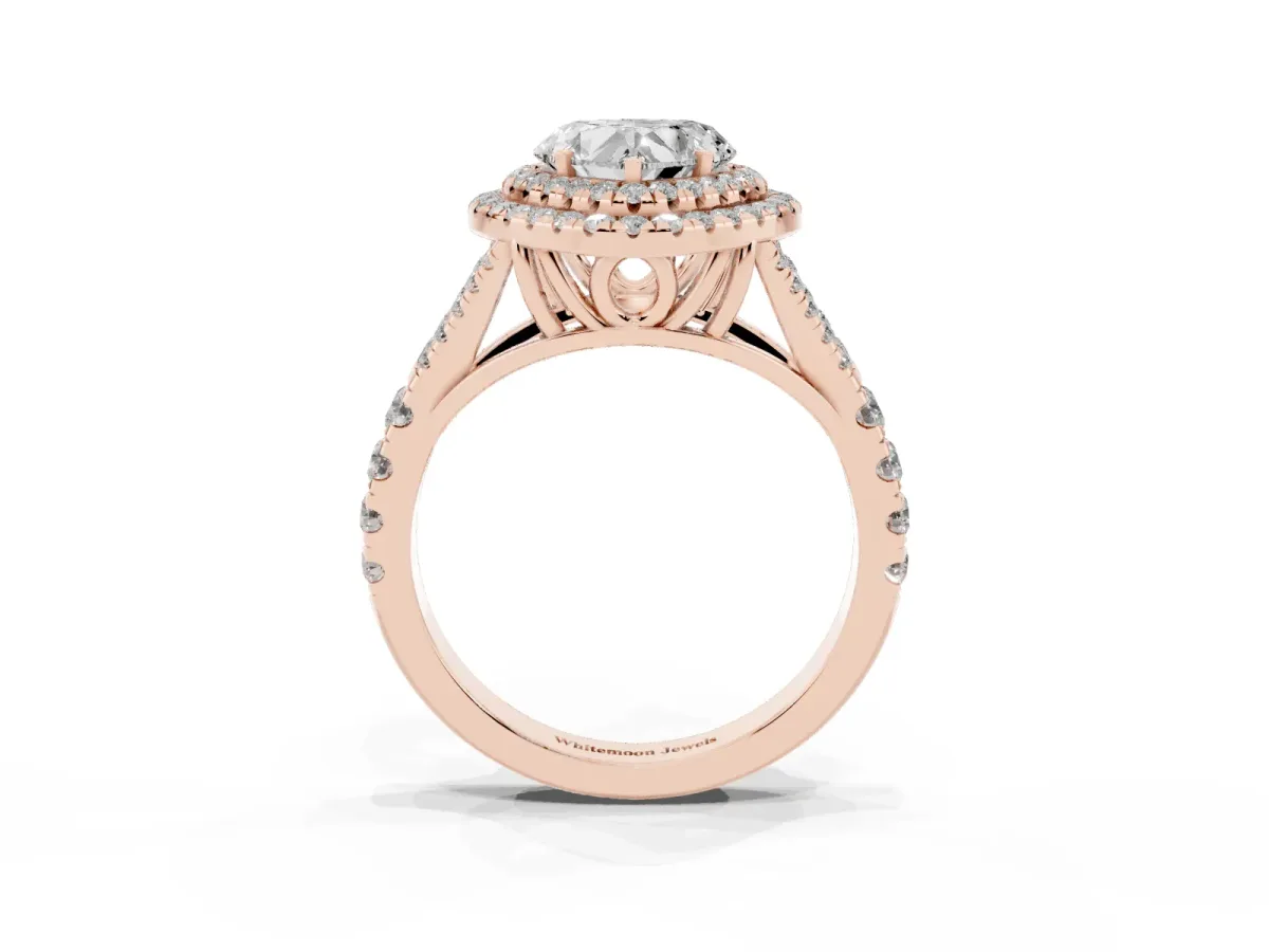 Double Halo Heart Cut Diamond Split Shank Engagement Ring with Four-Prong Setting Rose gold
