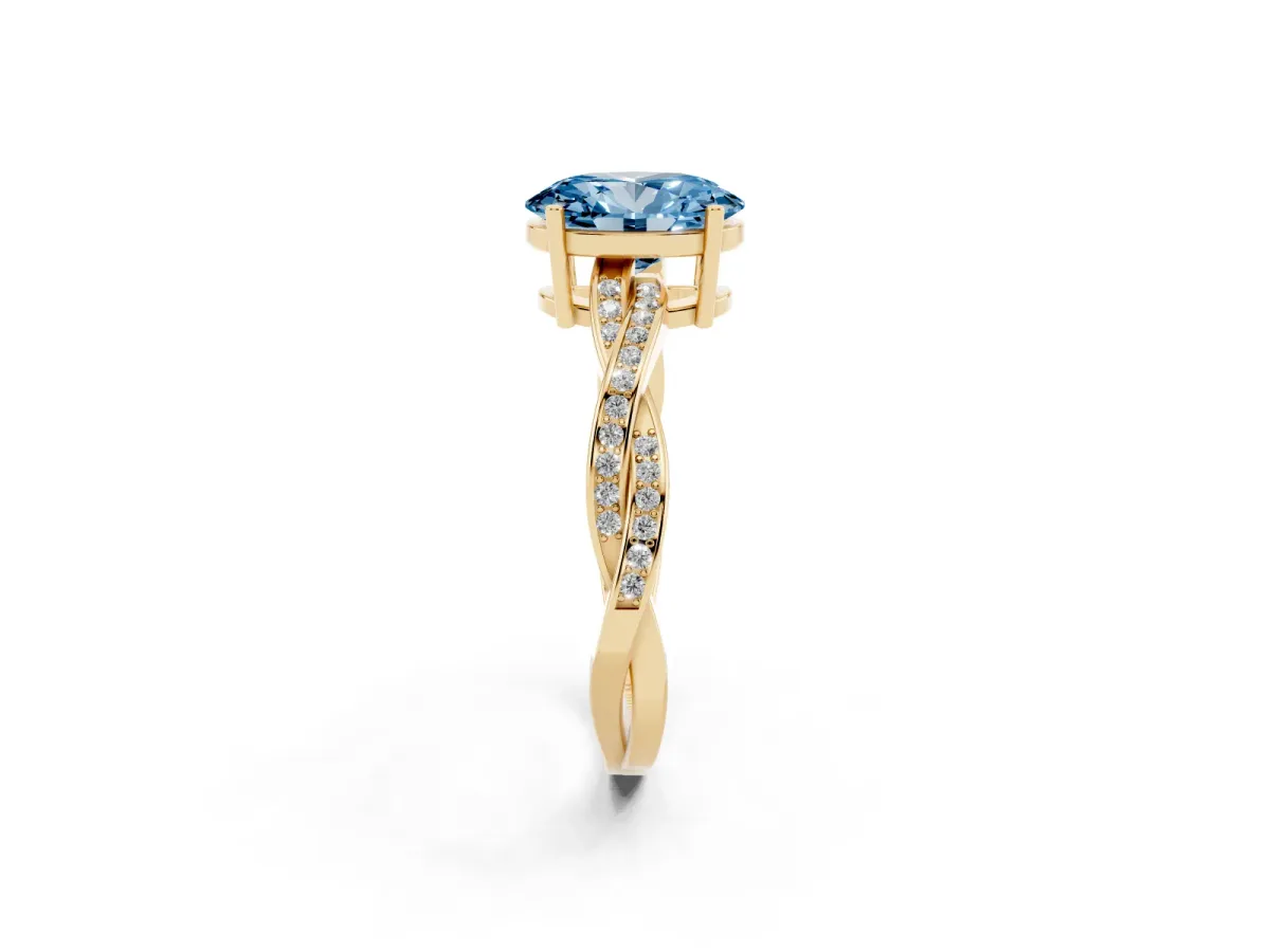 Fancy Blue Oval Cut Solitaire Twisted Pave Diamond Ring with Four-Prong Setting Yellow gold