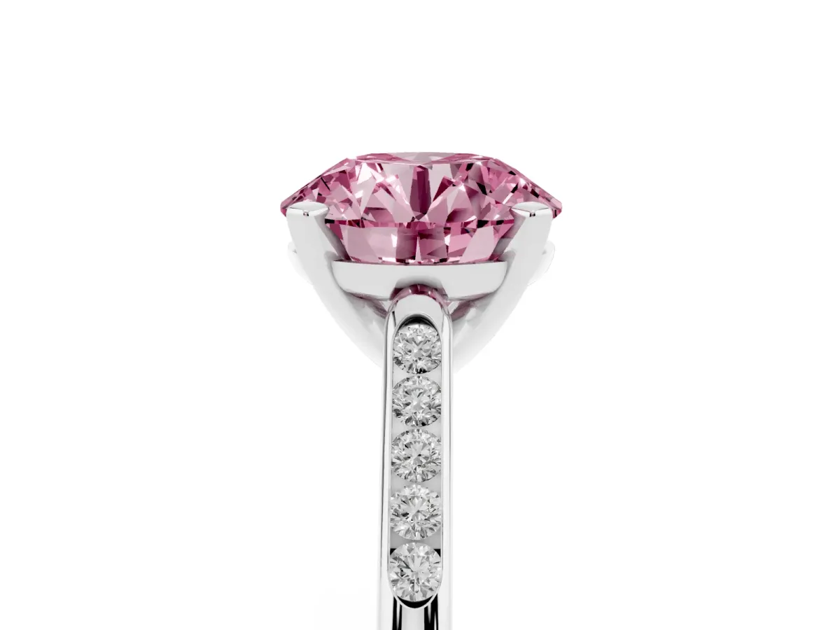 Fancy Pink Round Cut Diamond Solitaire Ring with Channel Set Round Band and Prong Setting Silver