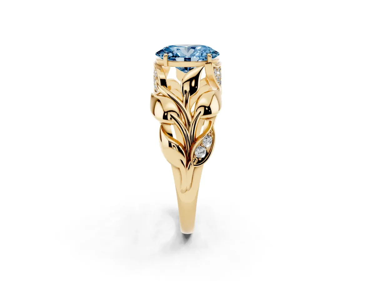 Fancy Blue Oval Cut Diamond Leaf-Inspired Engagement Ring with Round Accents and Prong Setting Yellow gold