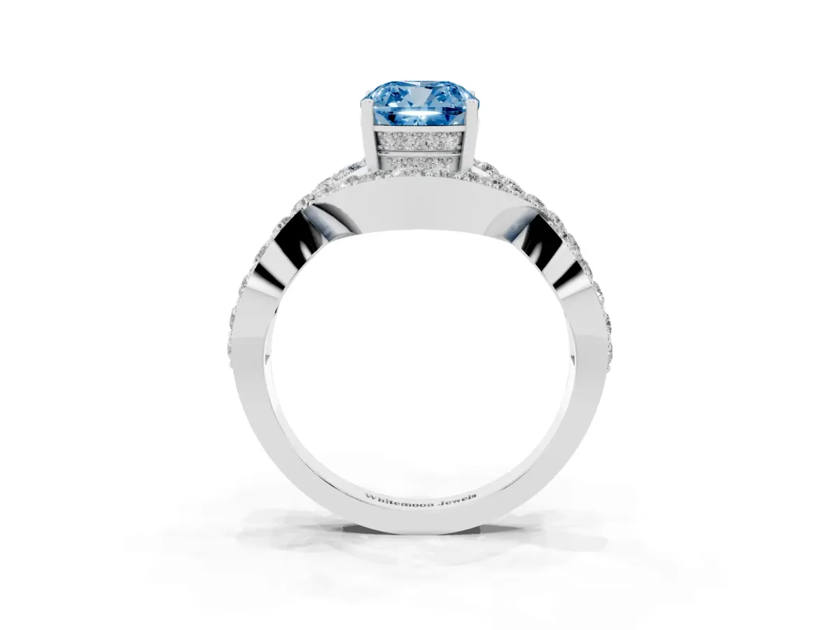Fancy Blue Cushion Cut Solitaire Twist Band Pavé Diamond Engagement Ring White gold