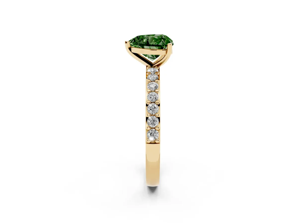 Fancy Green Heart Cut Cut Diamond Solitaire with Pave Band and Four-Prong Setting Yellow gold