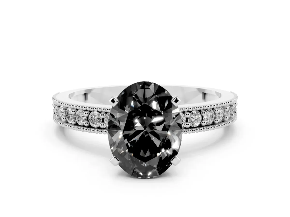 Fancy Black Oval Cut Diamond Milgrain Pavé Engagement Ring with Four-Prong Setting Silver