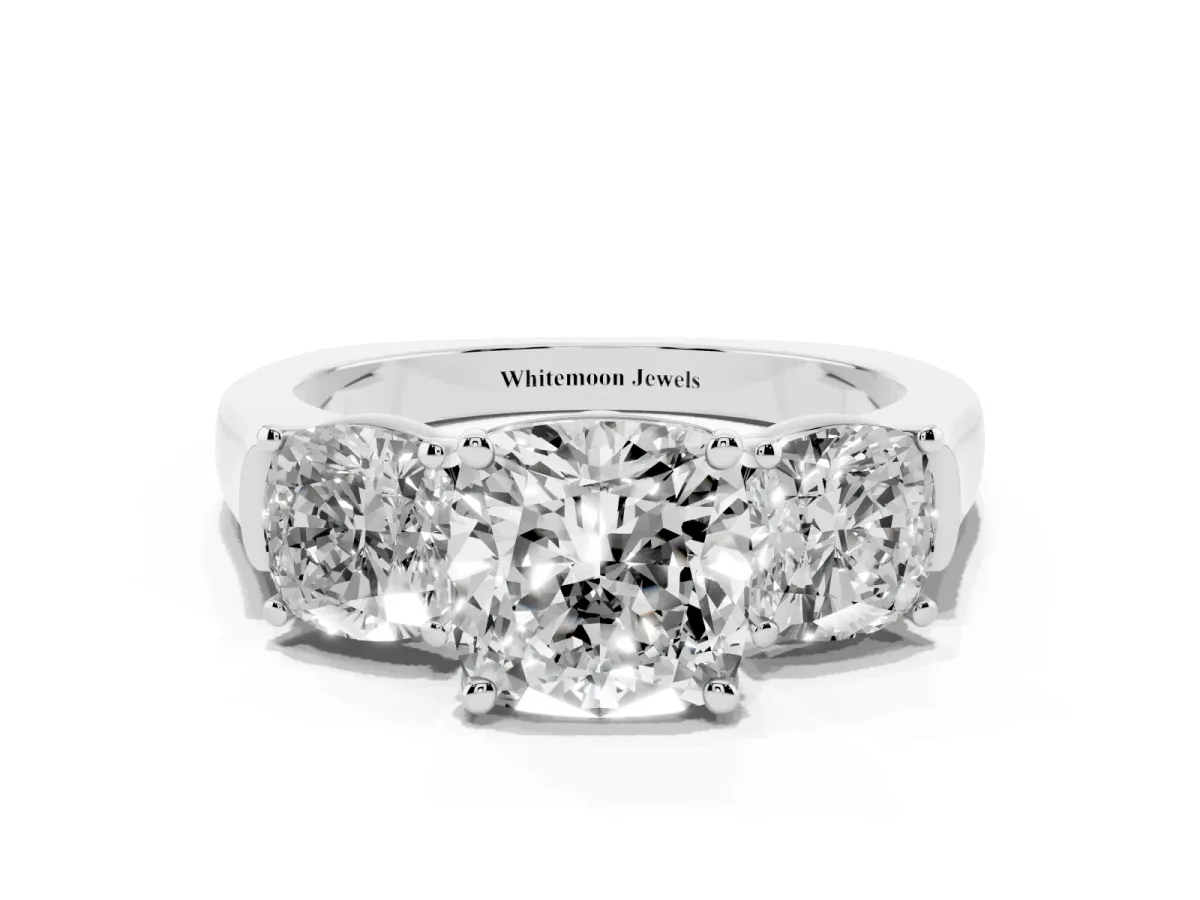 Three-Stone Cushion Cut Brilliant Diamond Trellis Ring with Comfort Fit Band White gold