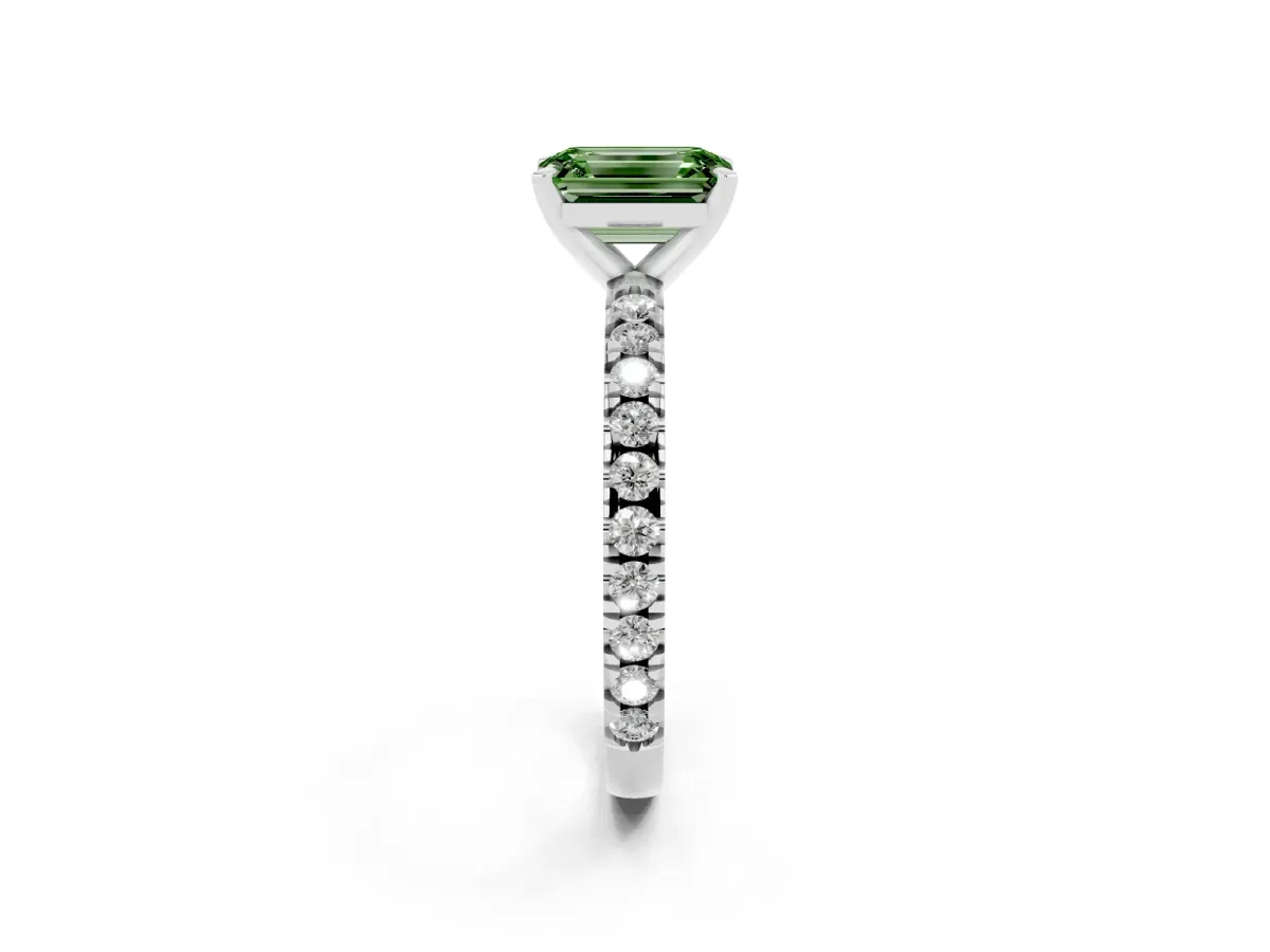 Fancy Green Emerald Cut Diamond Pavé Band Solitaire with Four-Prong Setting Platinum