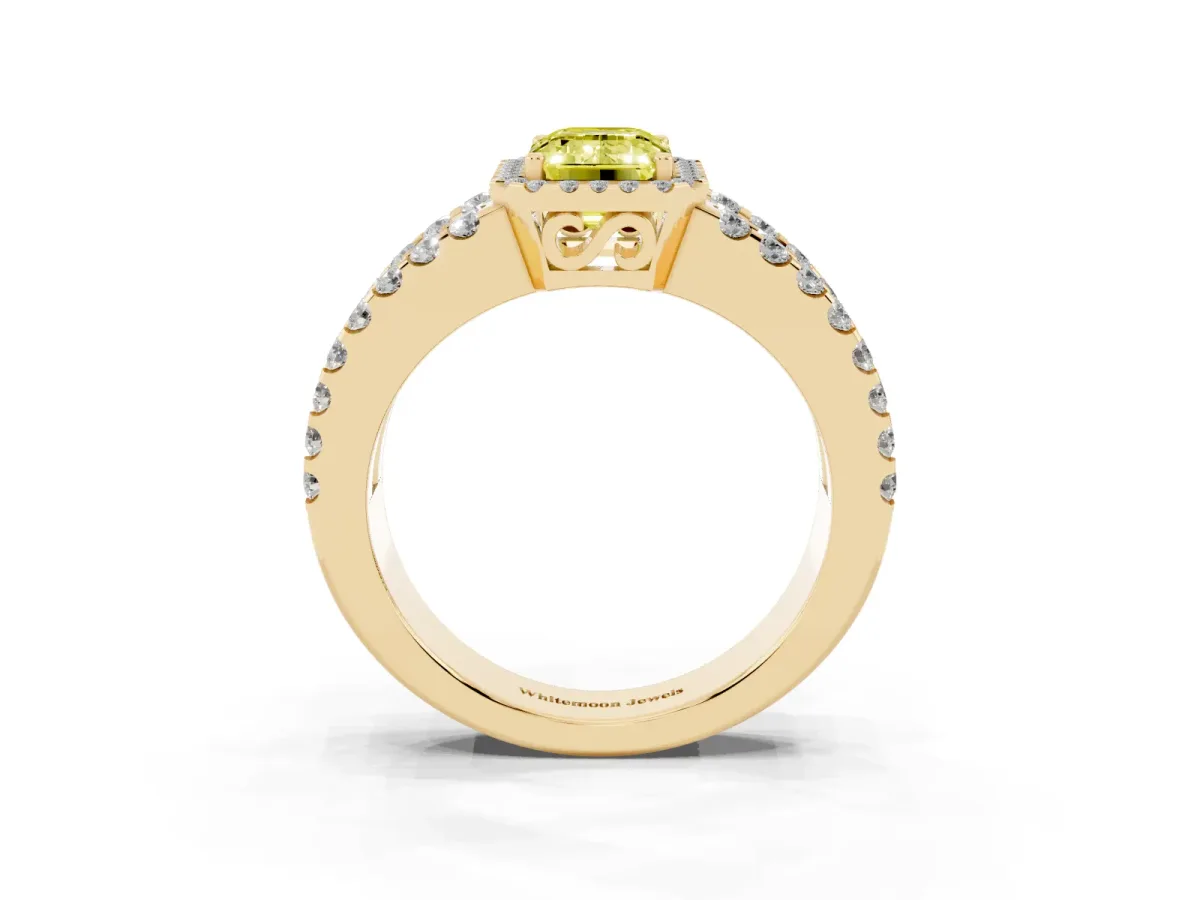 Fancy Yellow Emerald Cut Cut Halo Split Shank Diamond Ring with Four-Prong Setting Yellow gold