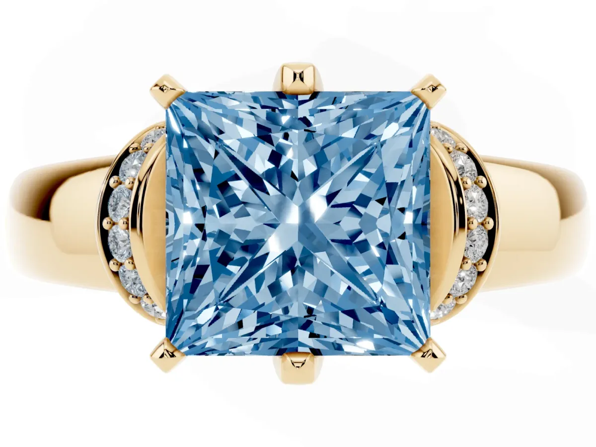 Fancy Blue Princess Cut Solitaire Diamond Ring with Pave Band and Six-Prong Setting Yellow gold