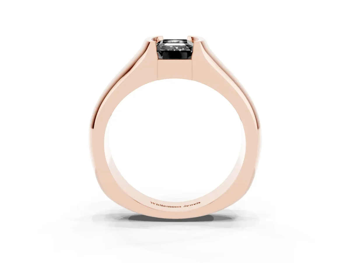 Fancy Black Emerald Cut Solitaire Bezel Set Diamond Ring with Wide Band Rose gold