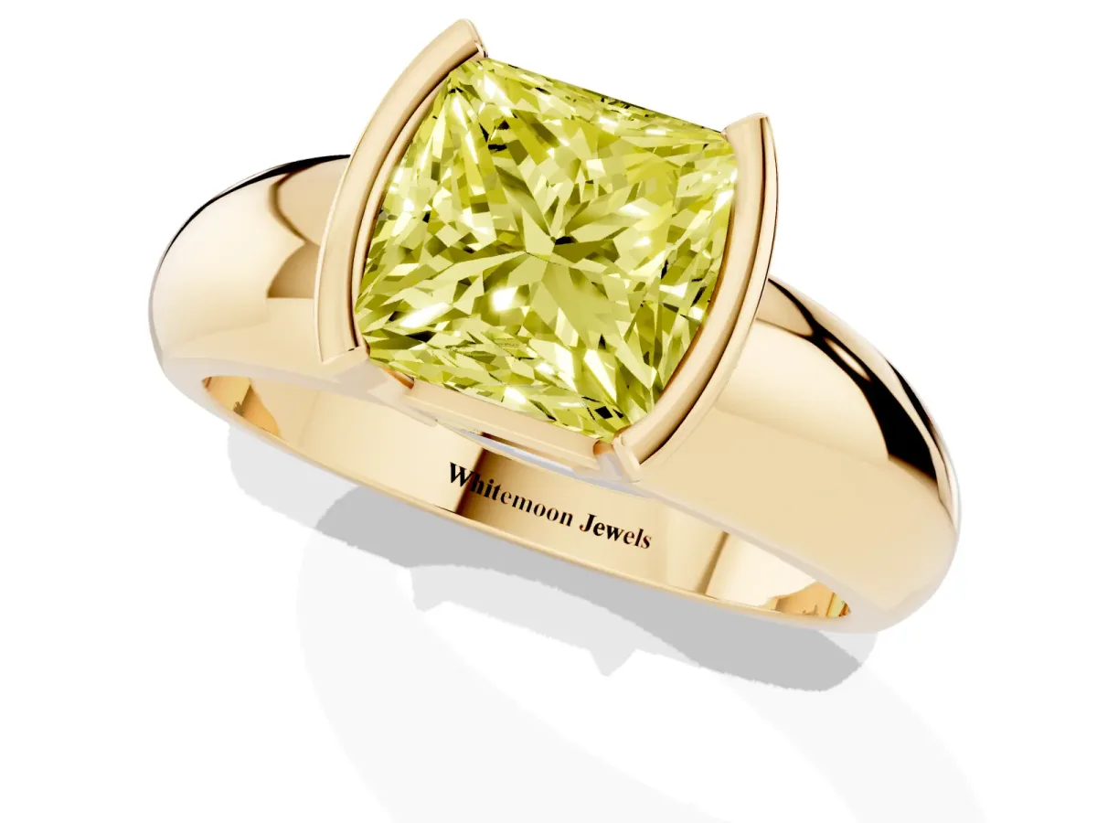 Fancy Yellow Princess Cut Solitaire Tension Set Diamond Ring with Wide Band Yellow gold