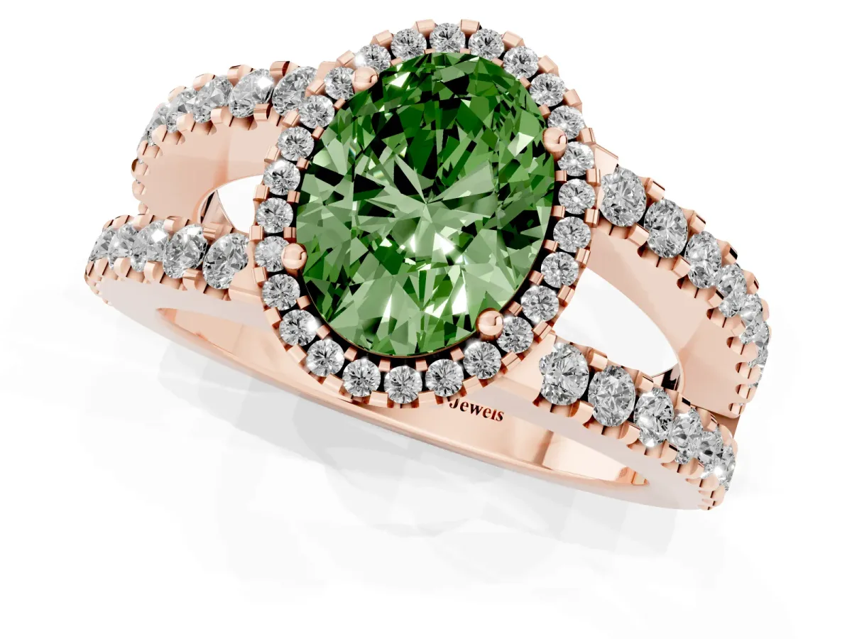 Fancy Green Oval Cut Cut Halo Split Shank Diamond Ring with Four-Prong Setting Rose gold