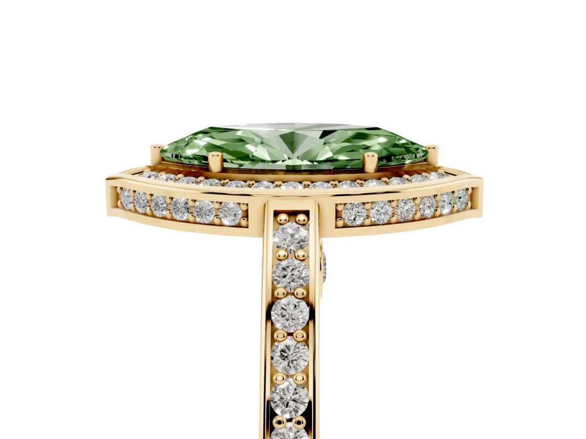 Fancy Green Marquise Cut Cut Halo Pave Split Shank Prong Setting Ring Yellow gold