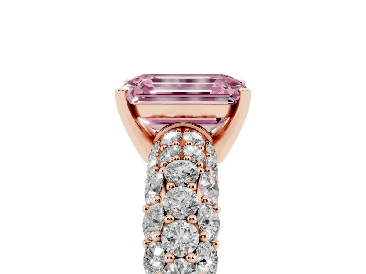 Fancy Pink Emerald Cut Diamond Pavé Band Solitaire Ring with Four-Prong Setting Rose gold