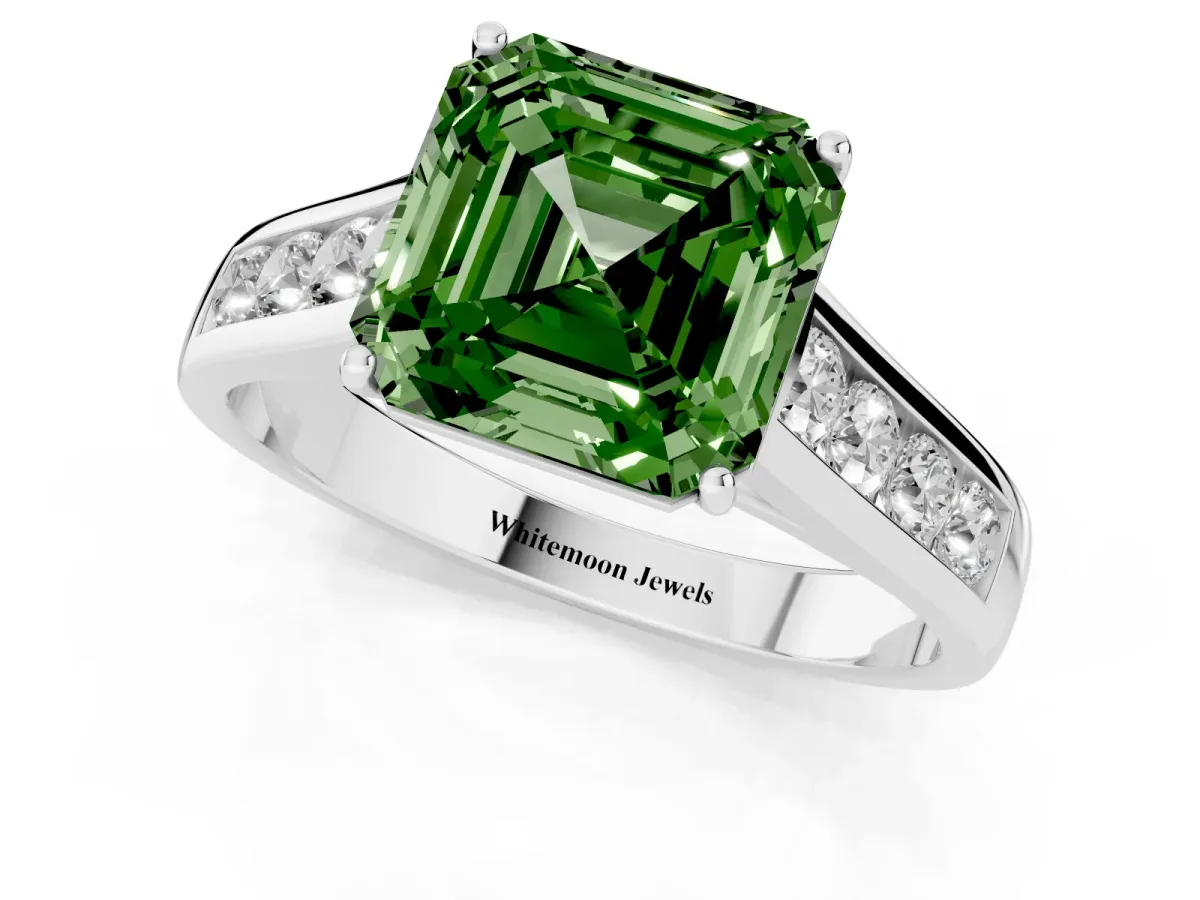 Fancy Green Asscher Cut Solitaire Channel-Set Diamond Engagement Ring with Four-Prong Setting Silver
