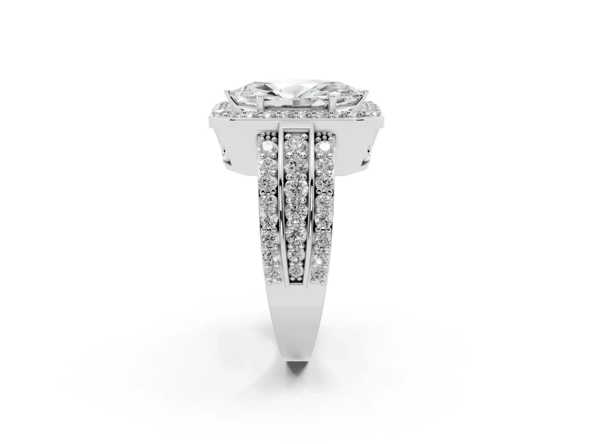 Marquise Cut Halo Diamond Ring with Round Split Shank and Prong Setting Silver