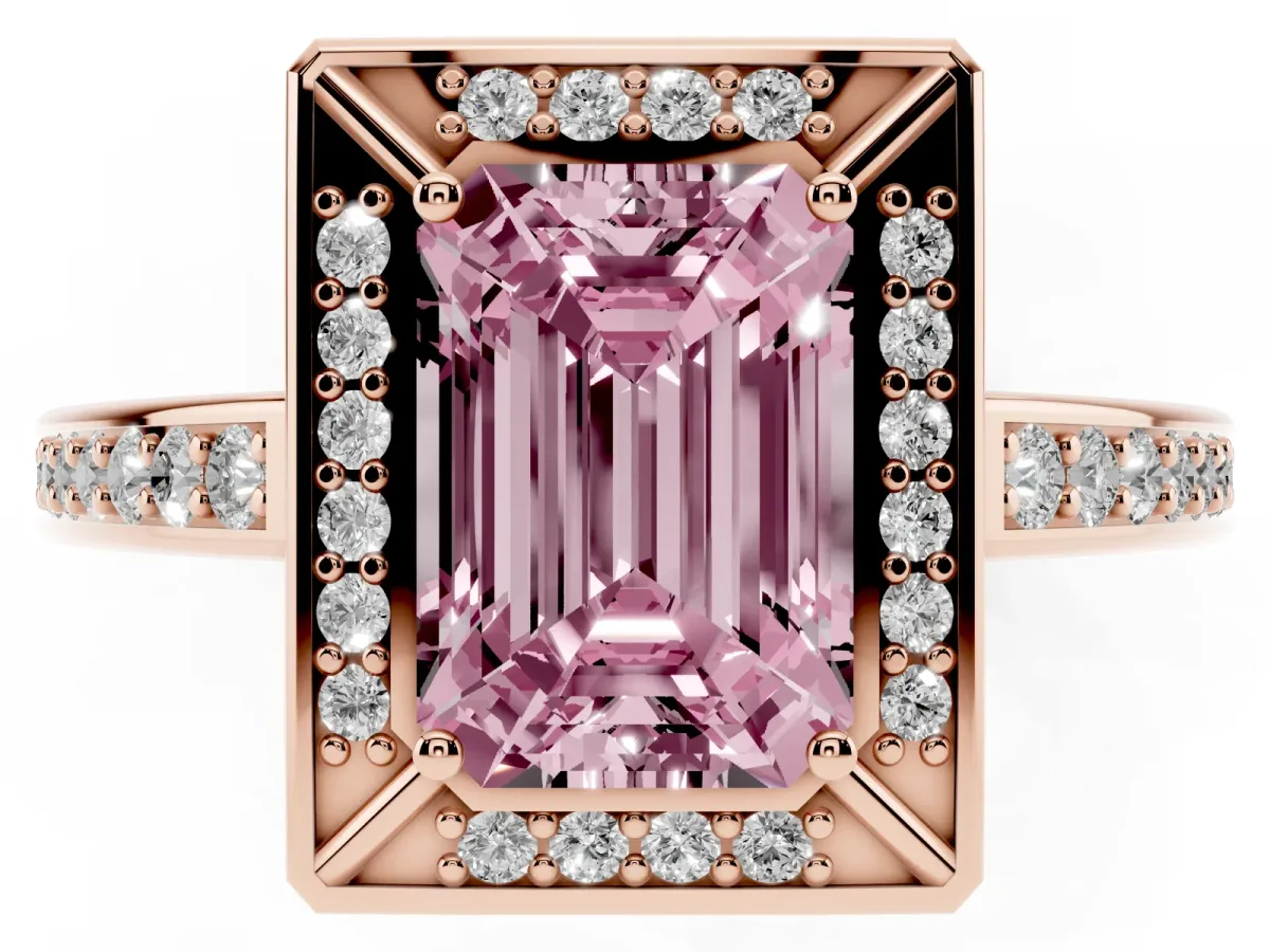 Fancy Pink Emerald Cut Cut Halo Pave Split Shank Prong Setting Ring Rose gold