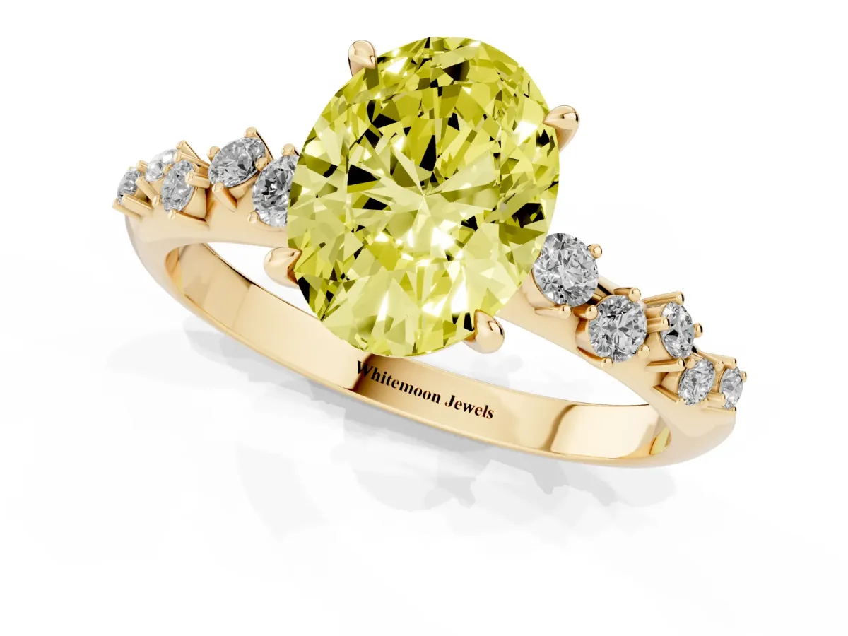 Fancy Yellow Oval Cut Diamond Cluster Side Stone Solitaire Ring with Prong Setting Yellow gold