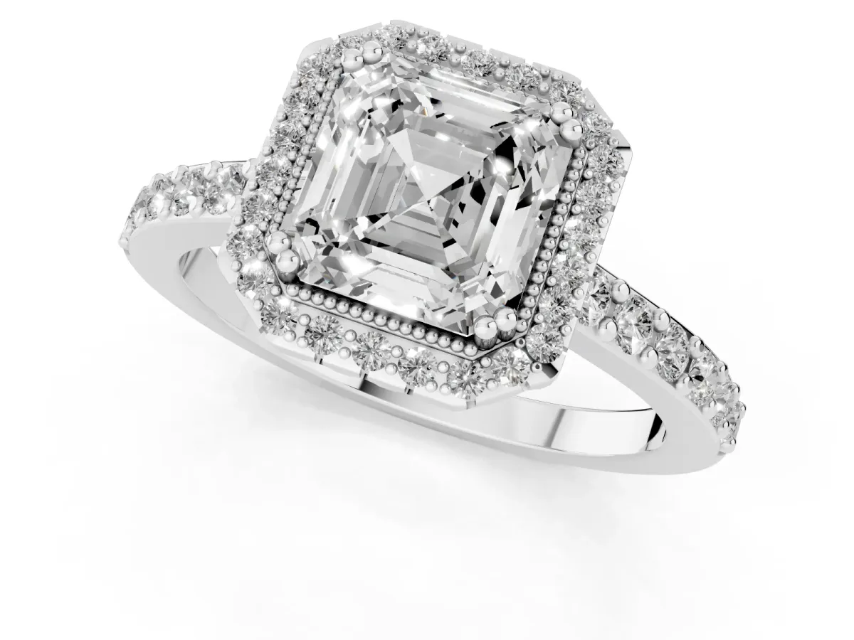 Asscher Cut Cut Diamond Halo Engagement Ring with Milgrain Detail and Pavé Band White gold