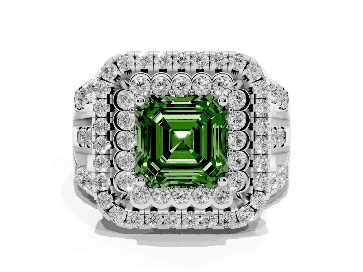 Fancy Green Asscher Cut Diamond Double Halo Ring with Round Pavé Split Shank and Prong Setting Silver