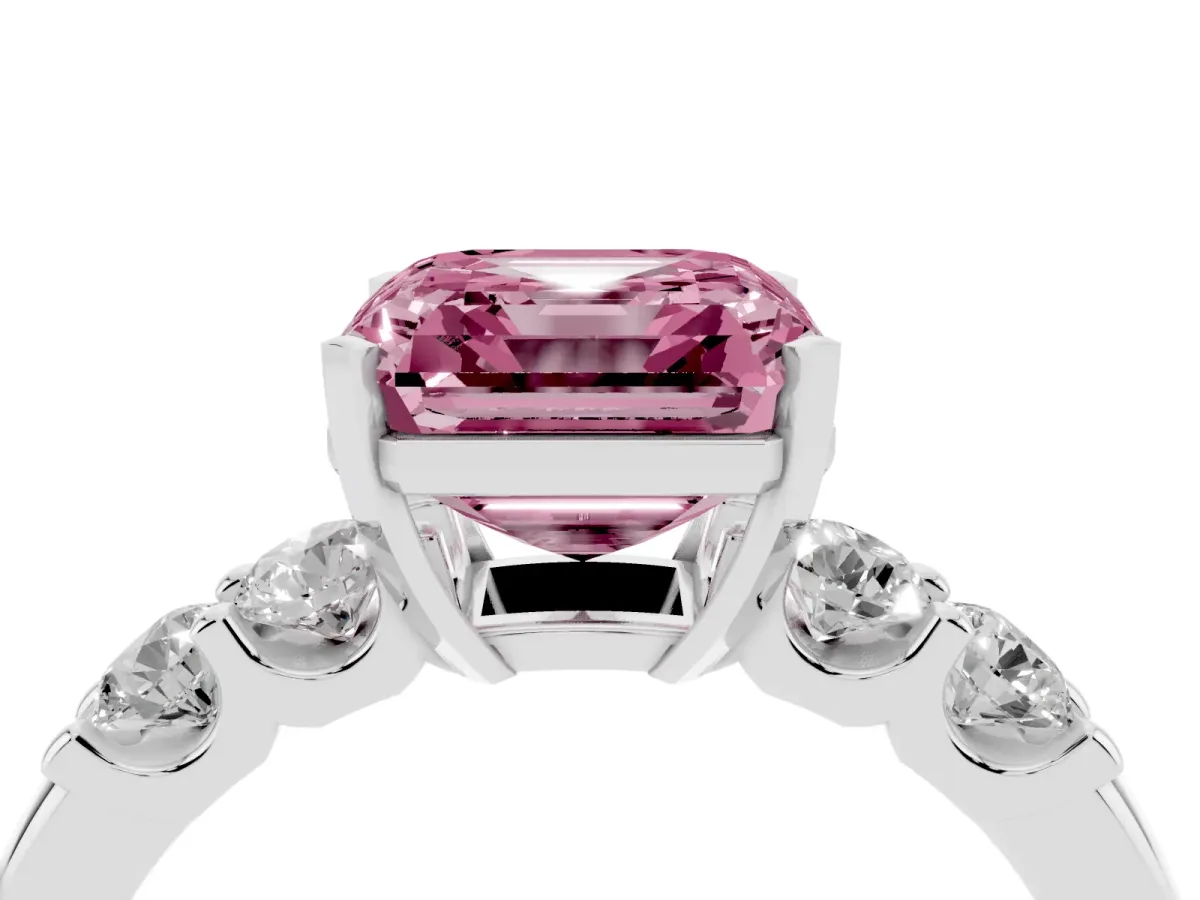 Fancy Pink Asscher Cut Brilliant Cut Diamond Five-Stone Prong Set Engagement Ring with Channel Band Silver