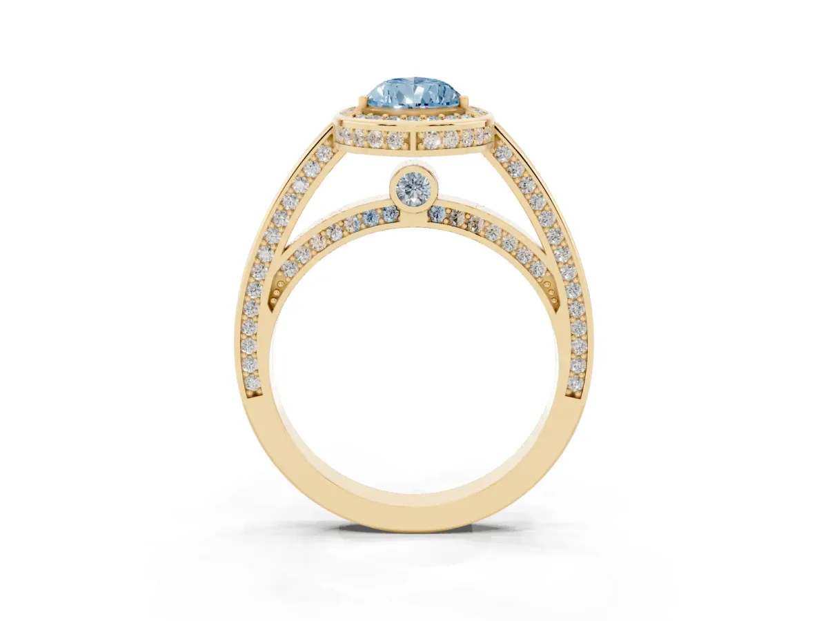 Fancy Blue Pear Cut Cut Halo Pave Split Shank Prong Setting Ring Yellow gold