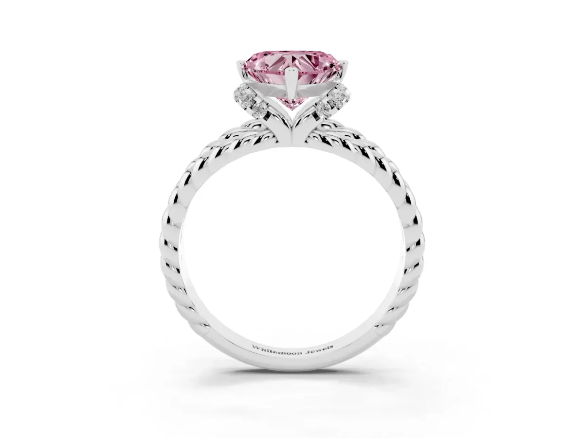 Fancy Pink Heart Cut Halo Twisted Band Four-Prong Ring Silver