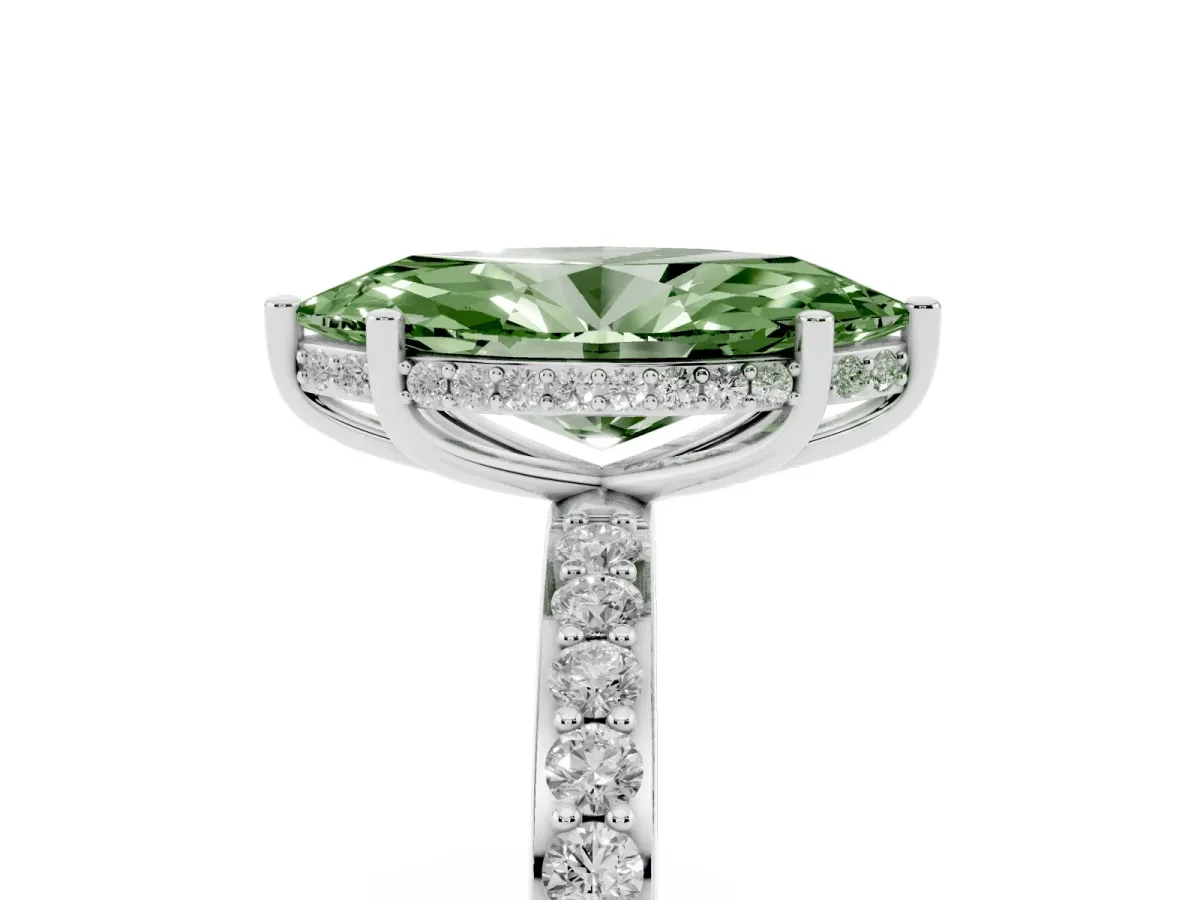Fancy Green Marquise Cut Diamond Solitaire Ring with Pavé Band and Hidden Halo White gold