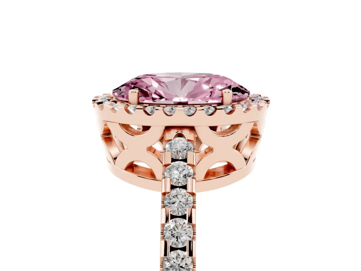 Fancy Pink Oval Cut Diamond Halo Engagement Ring with Pavé Band and Prong Setting Rose gold