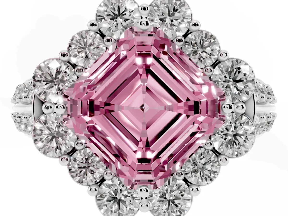 Fancy Pink Asscher Cut Halo Diamond Engagement Ring with Split Shank and Prong Setting Silver