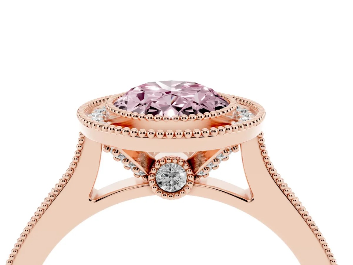 Fancy Pink Halo Oval Cut-Cut Diamond Pave Band Milgrain Prong Setting Ring Rose gold