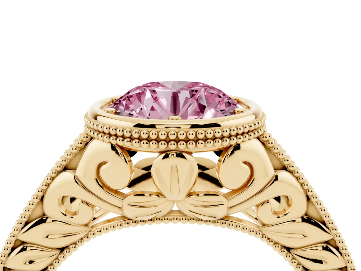 Fancy Pink Bezel Set Round Cut Diamond Milgrain Pave Engagement Ring Yellow gold