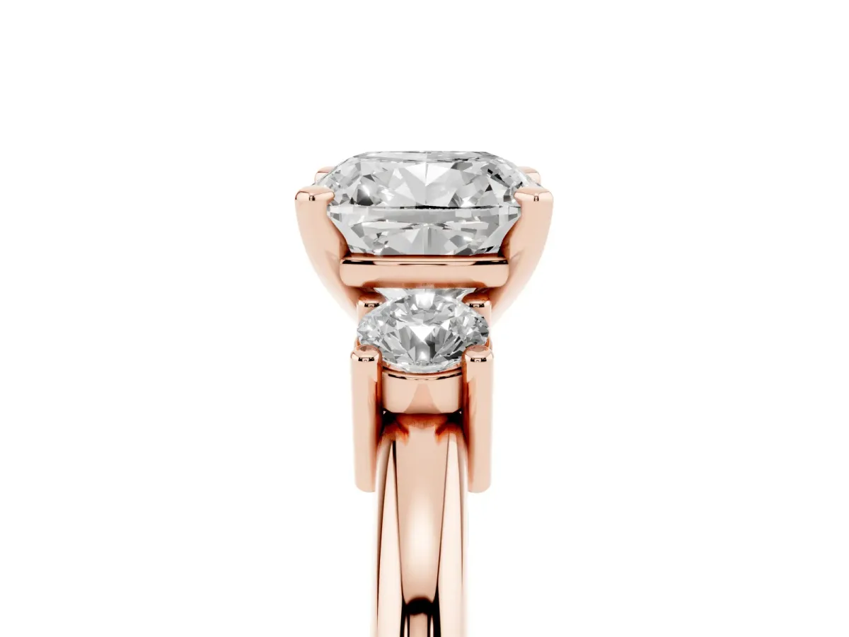 Three-Stone Cushion Cut Cut Diamond Solitaire with Prong Setting and Classic Band Rose gold