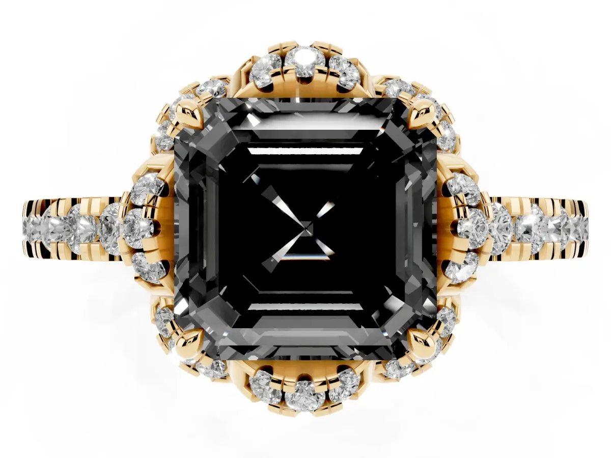 Fancy Black Asscher Cut Diamond Halo Pave Band with Four-Prong Setting Yellow gold