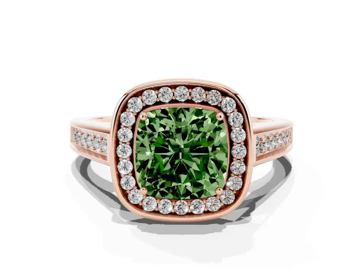 Fancy Green Cushion Cut Halo Solitaire Diamond Ring with Pave Band and Bezel Setting Rose gold