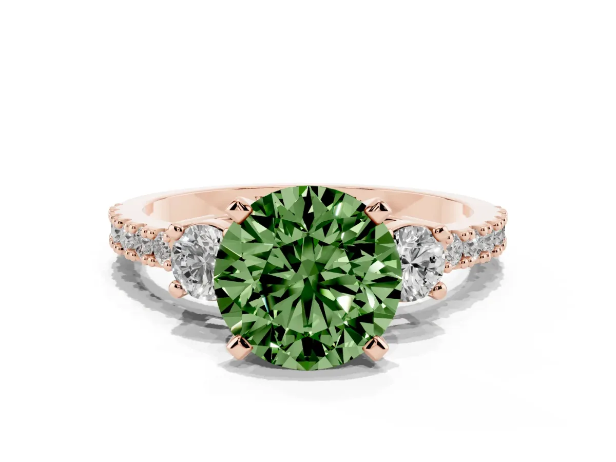 Fancy Green Round Cut Three-Stone Diamond Pavé Band with Prong Setting Rose gold