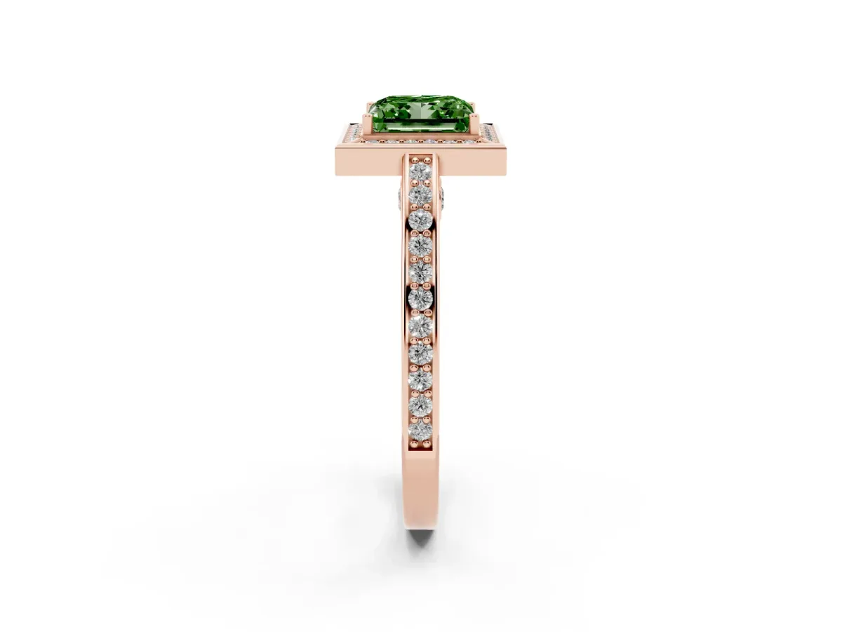 Fancy Green Princess Cut Cut Halo Pave Split Shank Prong Setting Ring Rose gold