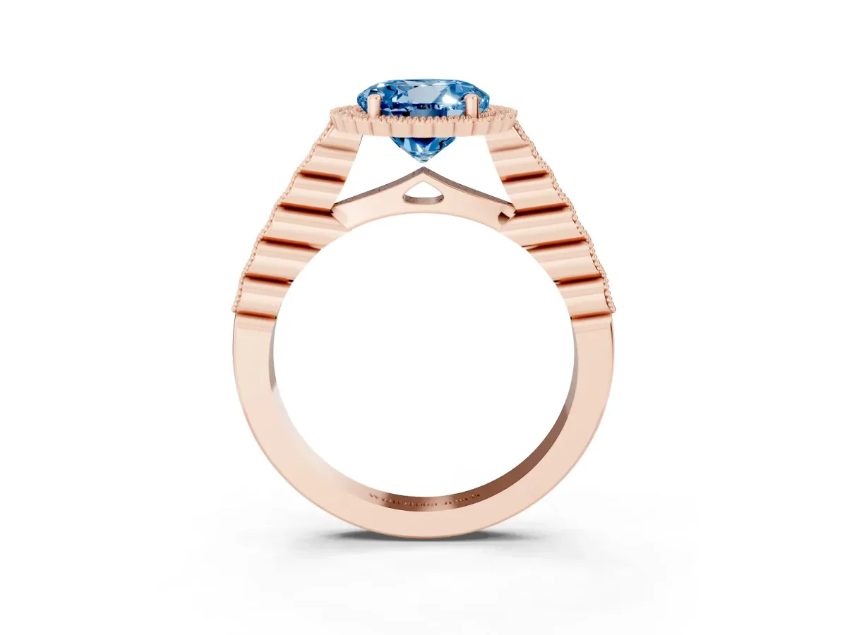 Fancy Blue Round Cut Cut Halo Pavé Solitaire Ring with Milgrain Band Rose gold