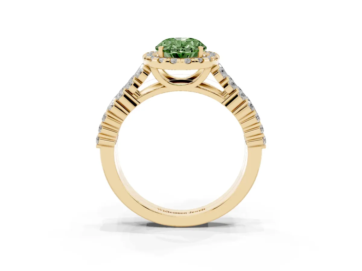Fancy Green Oval Cut Diamond Halo Engagement Ring with Triple Row Round Pavé Band and Prong Setting Yellow gold