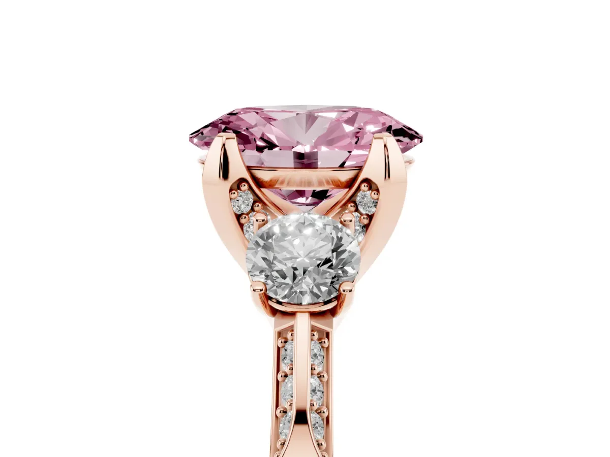 Fancy Pink Oval Cut Brilliant Three-Stone Diamond Ring with Pavé Band and Four-Prong Setting Rose gold