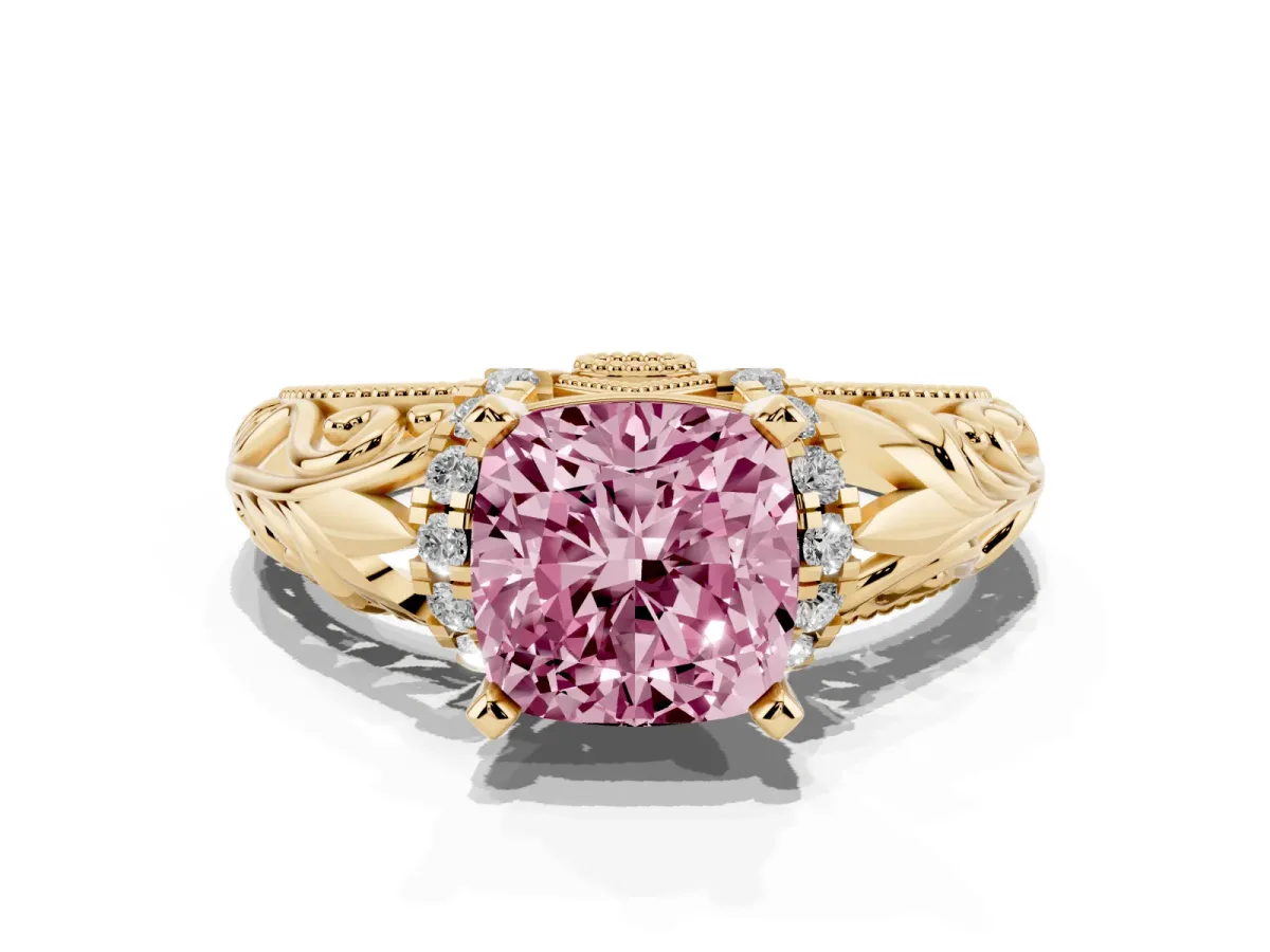 Fancy Pink Cushion Cut Solitaire Filigree Engagement Ring with Halo and Prong Setting Yellow gold