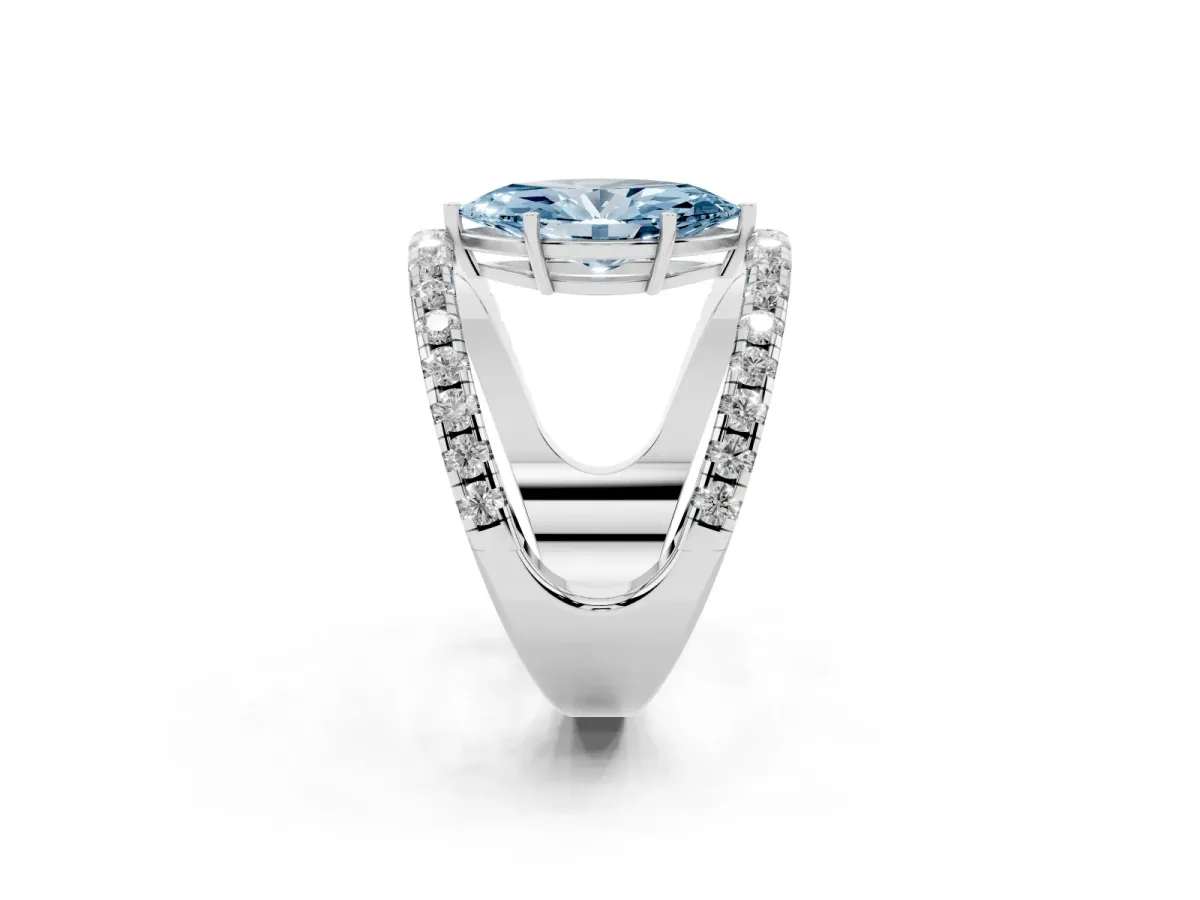 Fancy Blue Marquise Cut Solitaire Split Shank Pave Diamond Ring Silver