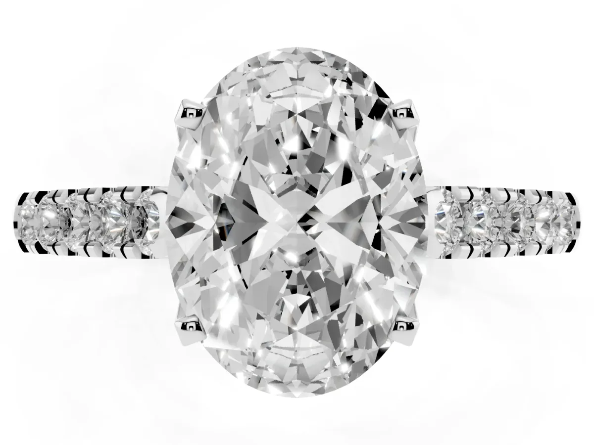 Oval Cut Diamond Pavé Band Solitaire Ring with Prong Setting Silver