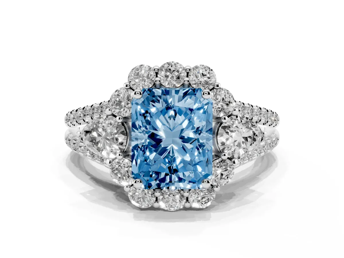 Fancy Blue Radiant Cut Halo Split Shank Diamond Engagement Ring with Prong Setting Silver